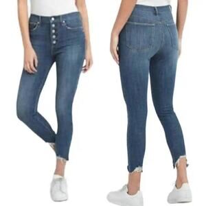Gap Women's True Skinny High Rise Medium Wash Button Fly Ripped Raw Hem Jeans 30